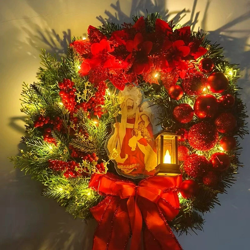 

40cm Christmas Wreath With Lantern Front Door Garland With Large Bow Seasonal Ornament Christmas Decoration For Front Door Wall