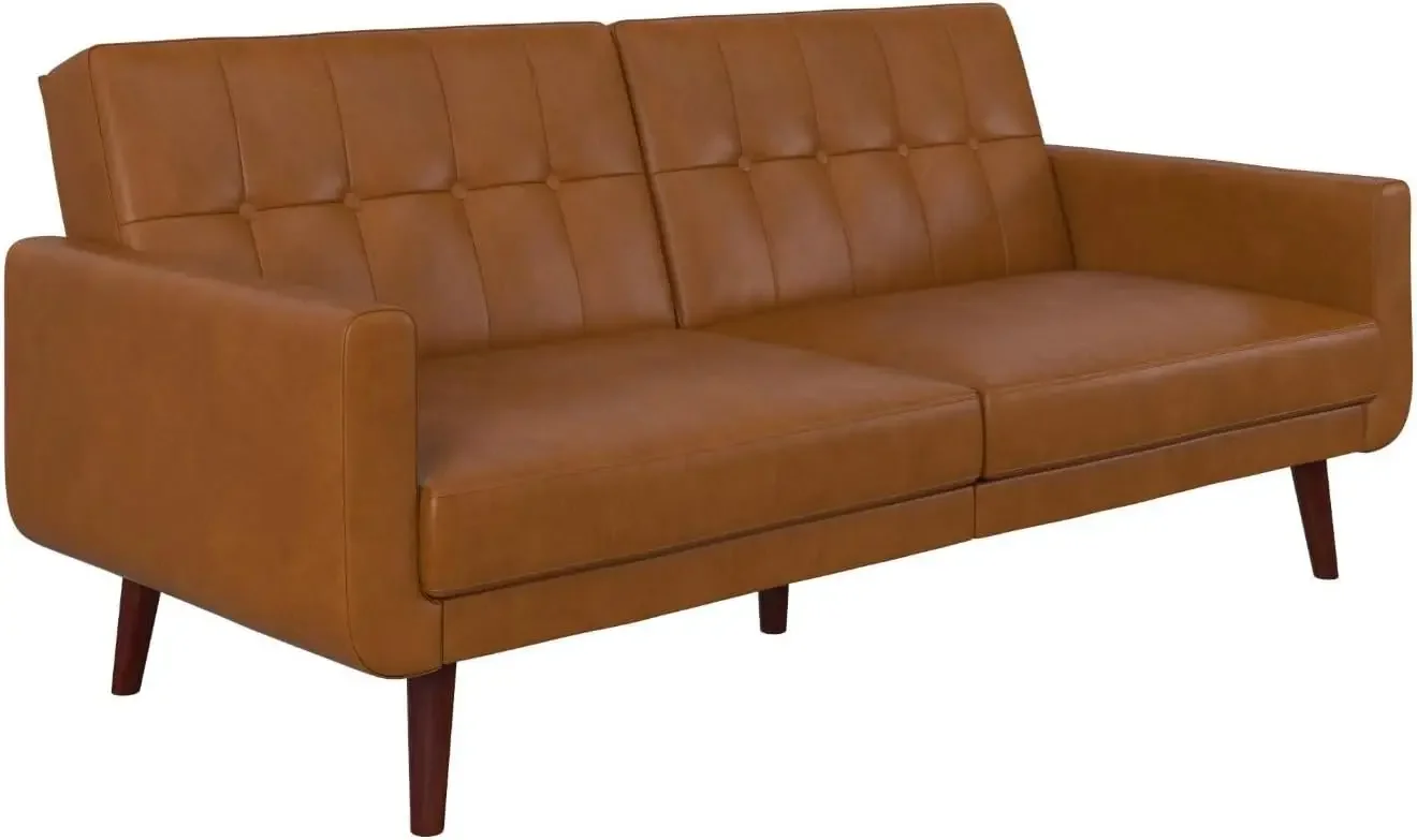 Nia Modern Futon Sofa Bed, Camel Faux Leather, Mid Century Design, Multi-Functional, Sturdy Wood Construction