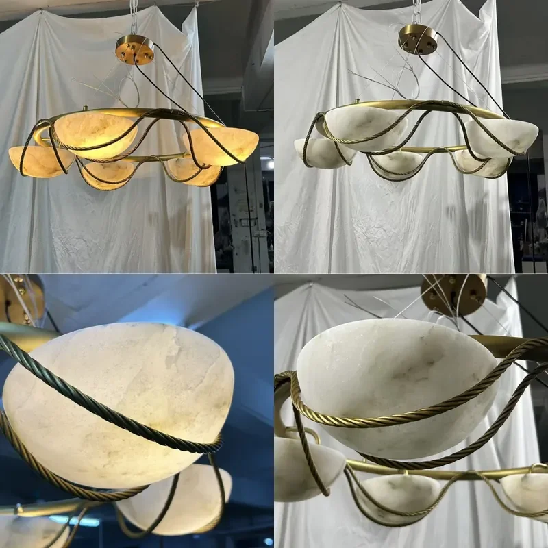 French Style Natural Marble Ring Chandelier for Living Room Villa Dining Area Tea Room Artistic Lighting Fixture