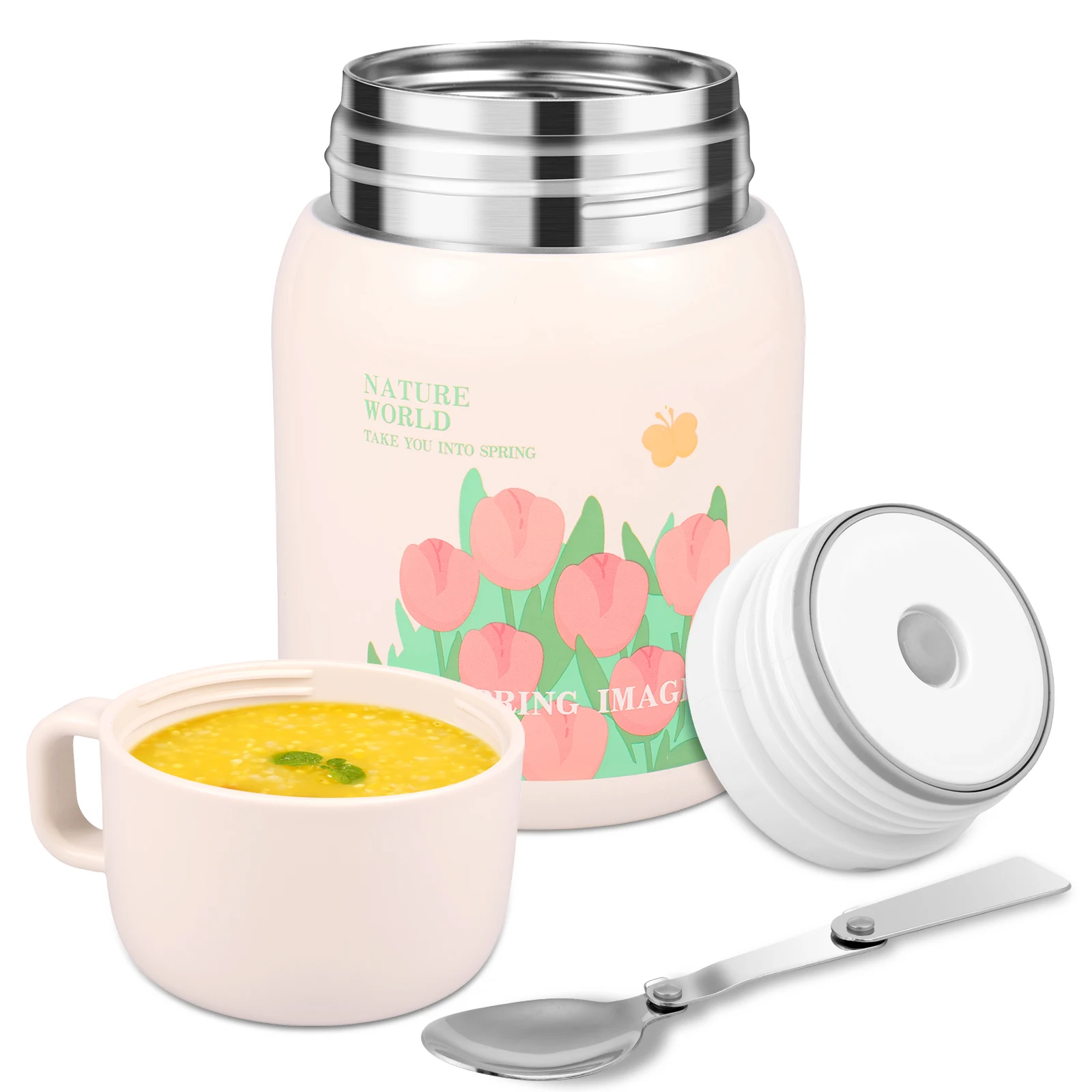 

2Set Vacuum Insulated Food Container Wide Mouth Therma Food Flask Stainless Steel Soup Flask Handle Portable Insulated Food Jar