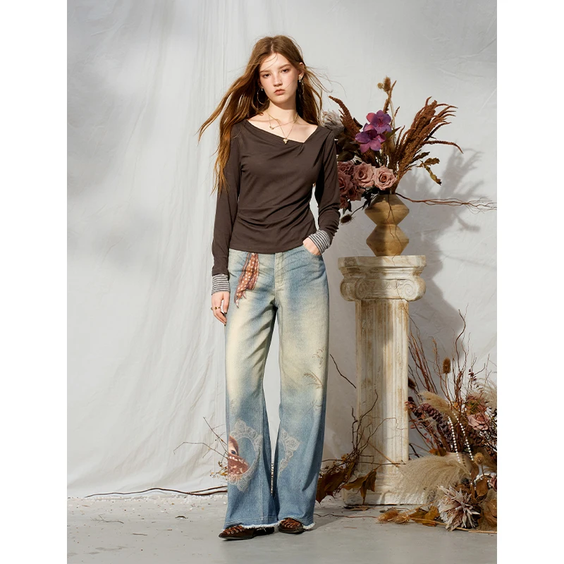 ELFSACK Women's Asymmetrical Draped Neck Long Sleeve Tee with Striped Cuffs, Slim Solid Casual Top for Everyday Wear