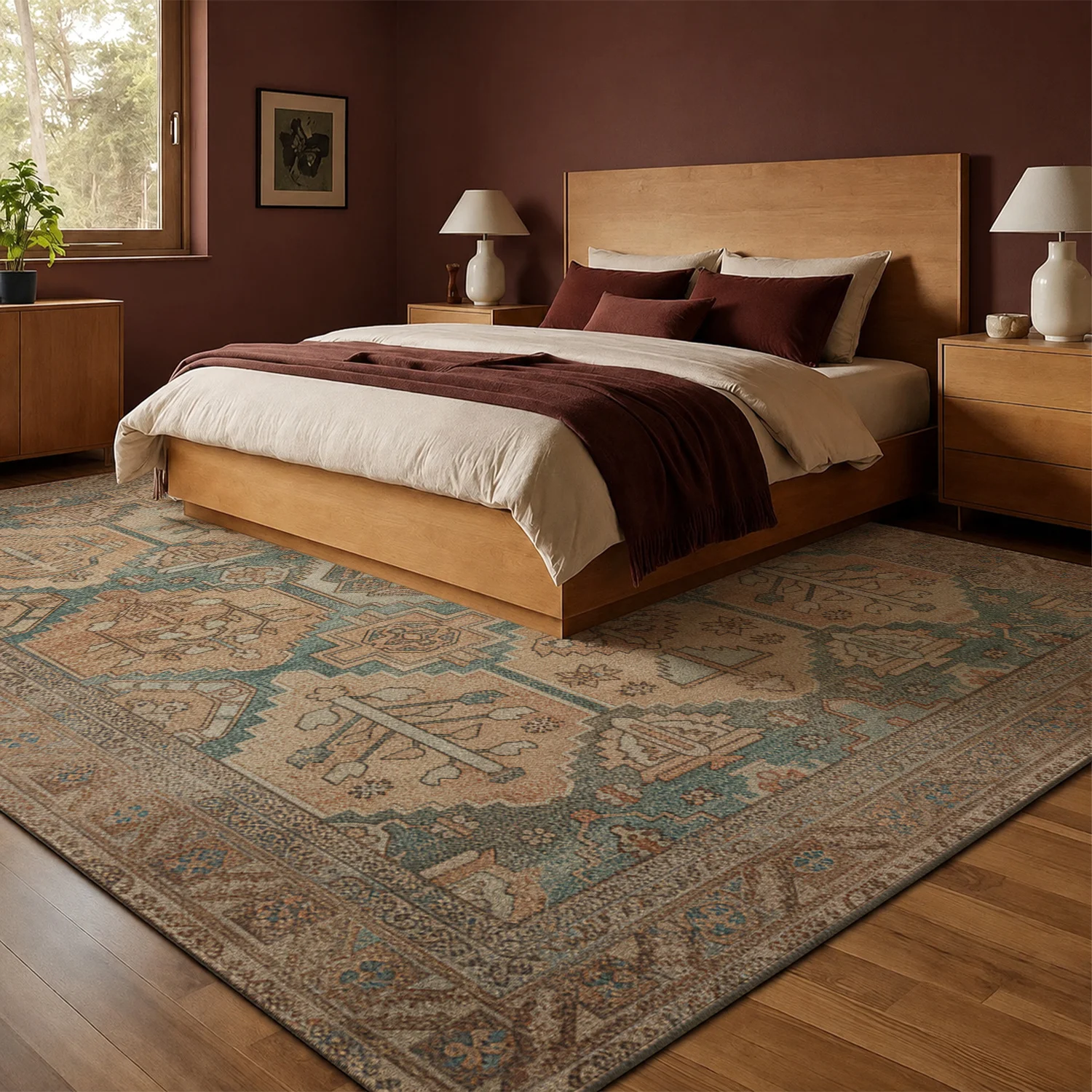 Large Indoor Area Rug, Soft Velvet Low Pile Rug with Non-Slip Dotted Backing, Machine Washable Vintage Bohemian Geometric Rug for Living Room and Bedroom, Distressed Teal Terracotta Beige Home Accent