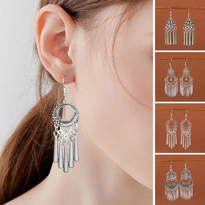 Bohemia Women Tassel Earrings Yunnan Dai Ethnic Summer Drop Dangle Earrings Vintage Metal Jewelry Gift серьги