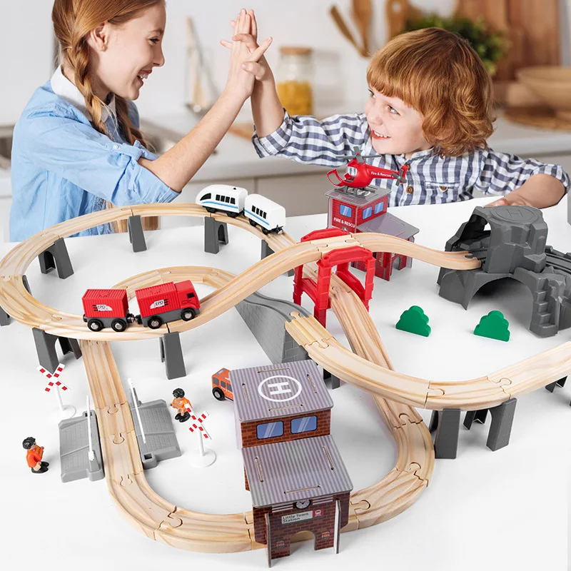 Jouets en bois Montessori pour enfants, Puzzle de bricolage, blocs de construction de Train à piste circulaire, ensemble d'accessoires, jeux de société de construction, 87 pièces