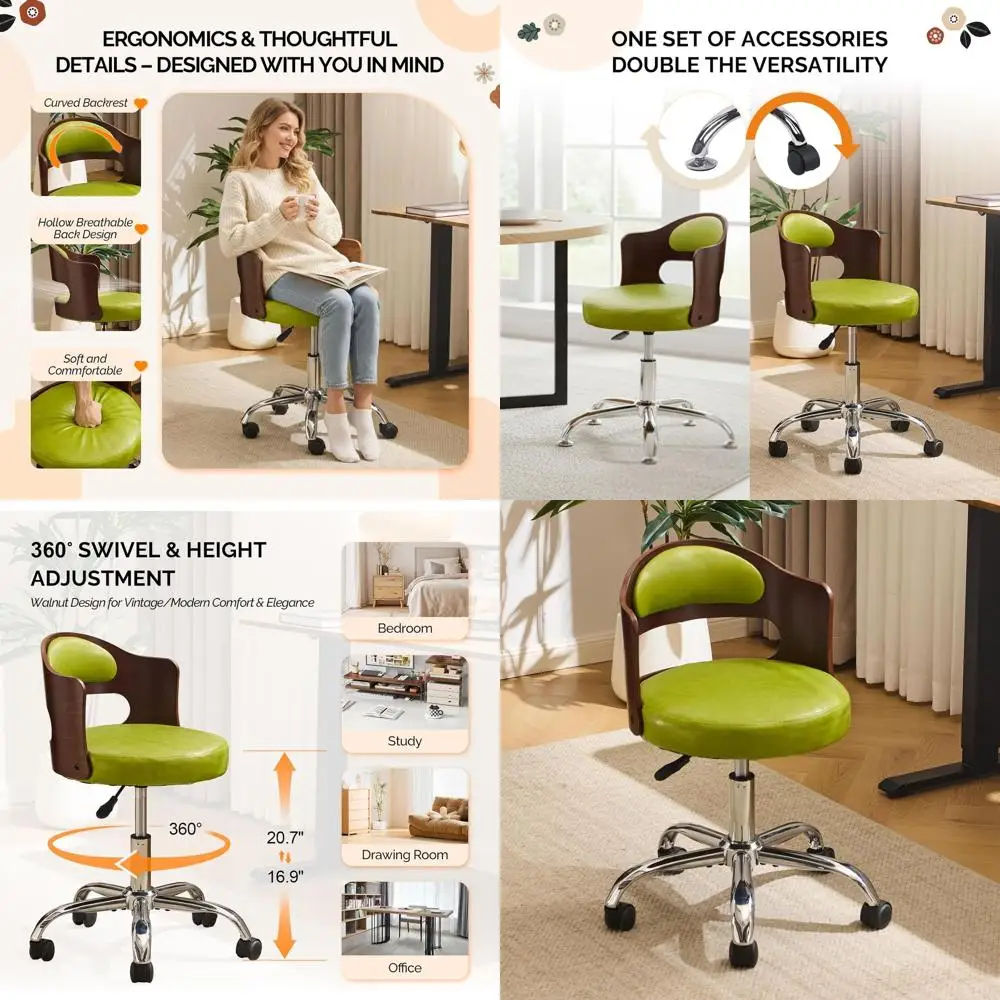 

Регулируемое кресло без подлокотников, трансформируемое в стул для рабочего стола, маленькое, в стиле ретро, из изогнутого орехового дерева, с травянисто-зеленой мягкой подушкой для учебы и работы