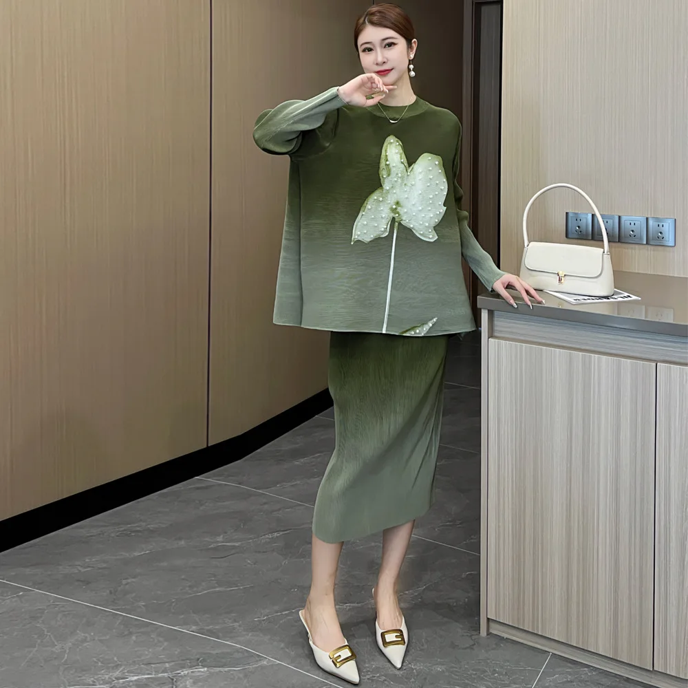 

ALSEY Pleated Gradient Colour Women's Suit Large Size Loose Hundred Matching Beaded Design Sense Two-piece Set 2025 Summer New