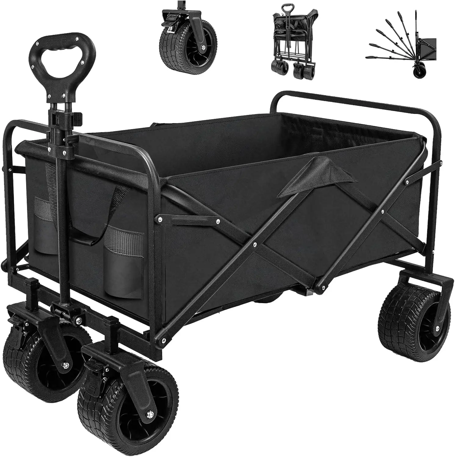 

Collapsible Foldable WagonBeach Wagon with Big Wheels for SandUtility Grocery Wagon with Side Pocket and Brakes for Camping Spor