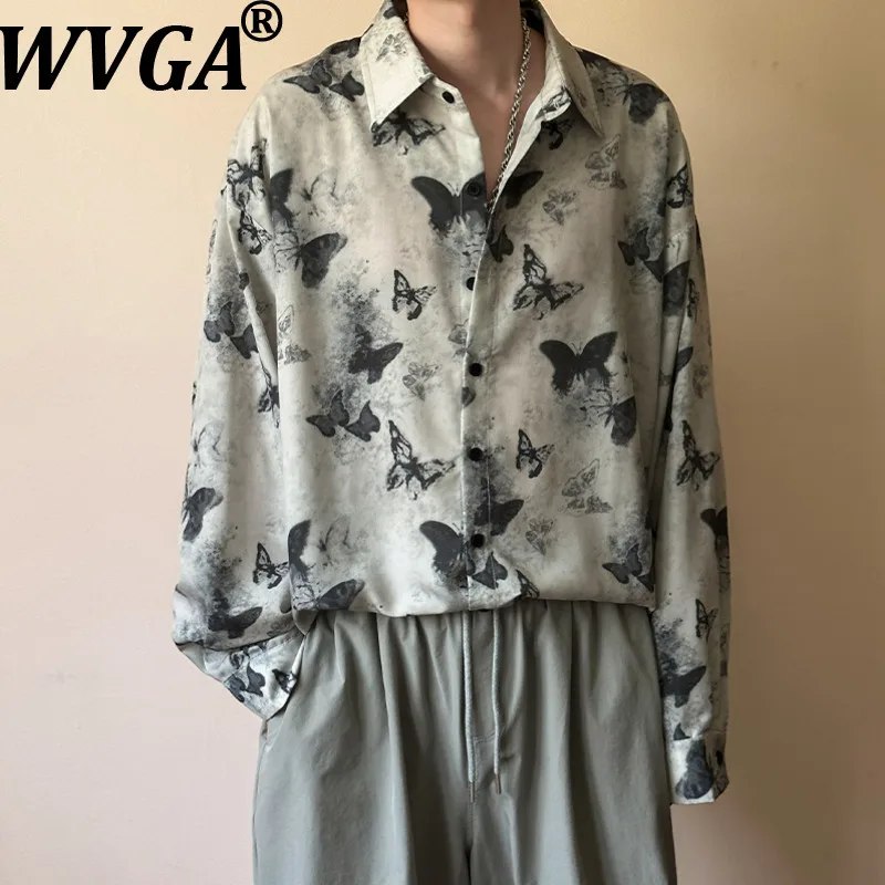 

WVGA Spring Summer New Man Tide Printed Trendy Long Sleeve Shirts Niche Chic Casual Ice Silk Floral Turn-Down Collar Tops W20528