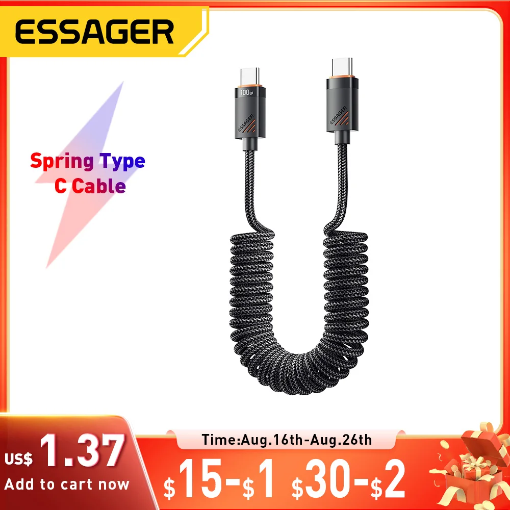 Essager Auto-Feder-Typ-C-Kabel für iPhone 16 15 Xiaomi Samsung 100 W PD Schnellladung für MacBook iPad Typ C auf Typ-C-Kabel
