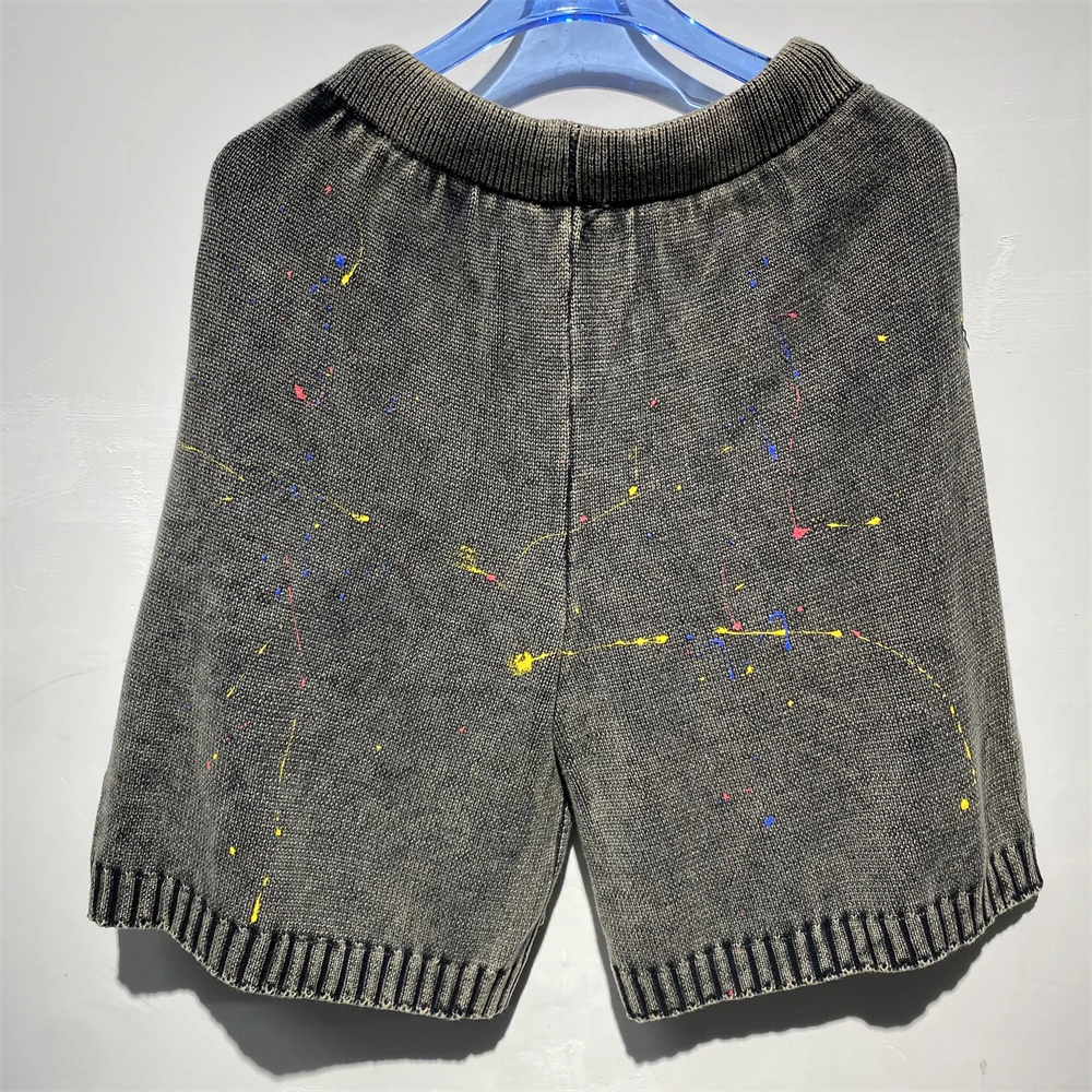 Washed Saint Watercolor Splashed Ink Embroidered Logo Knitted Loop Breeches Drawstring Shorts Men Women Jogger pants