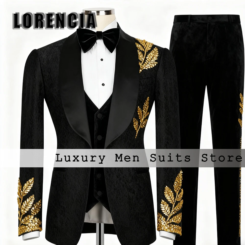 

Классические жаккардовые мужские костюмы из 3 предметов со сверкающей аппликацией, смокинг для свадебной вечеринки, комплект 2025 года, пиджак, брюки по индивидуальному заказу, жилет ropa hombre