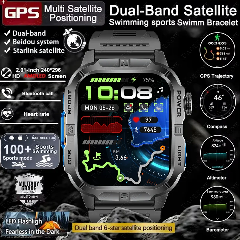 

DAORKOW2025 new outdoor GPS smart watch 3ATM waterproof swimming watch men's sapphire glass screen GPS map sports smart watch