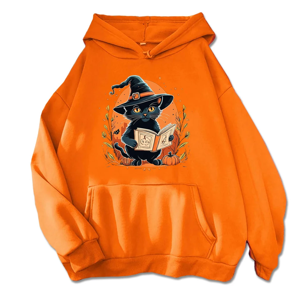 Whimsical Halloween Hoodie -  Black Cat Reader & Pumpkin-Inspired Background Hoodies  Customizable Sweatshirt Women Mens