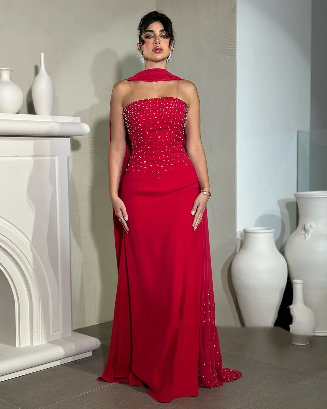 

Red A-Line Evening Dresses For Special Events Formal Occasion Prom Dresses Strapless Zipper Up Sweep Train Dress Customized
