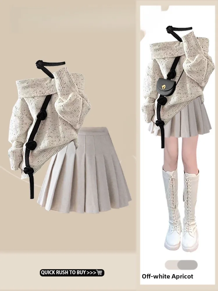 

Раннеосенний модный вязаный свитер с одним открытым плечом и юбка А-силуэта с высокой талией, комплект из двух предметов, сексуальный повседневный шикарный образ для девушек