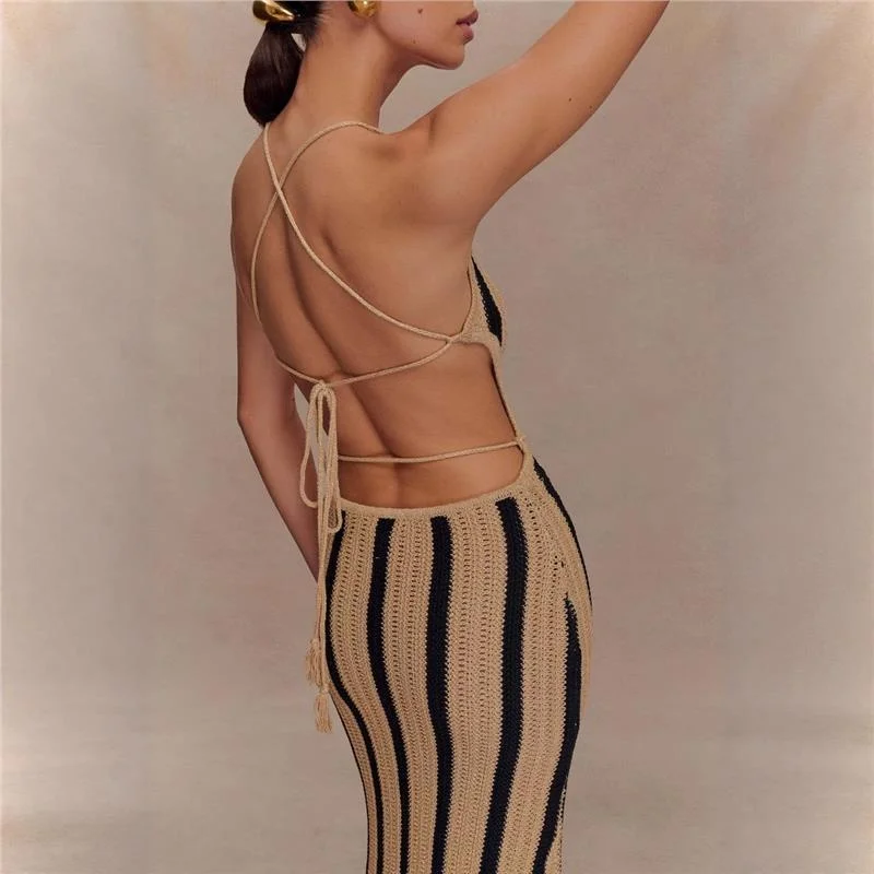 Sexy Bal Striped Long Dr Women's Faion Design Belted Crossbody Skirt High Waist Bodycon Gown for Ci Walk