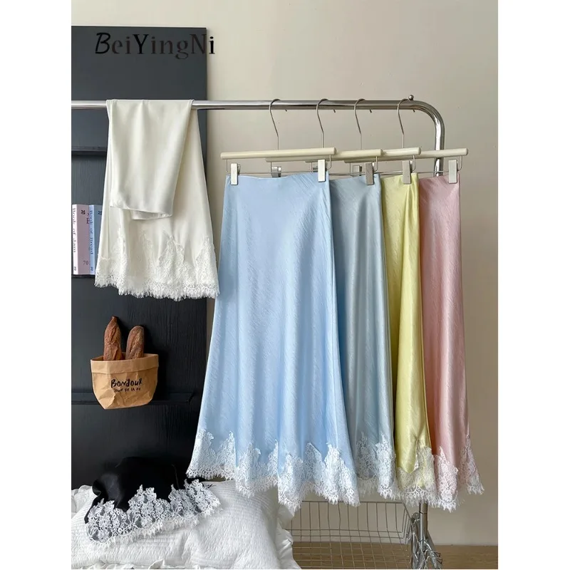 

Beiyingni French Elegant Satin Mermaid Skirt Women Spring Summer Lace Patchwork Pack Hip Long A-line Skirts Office Ladies Faldas