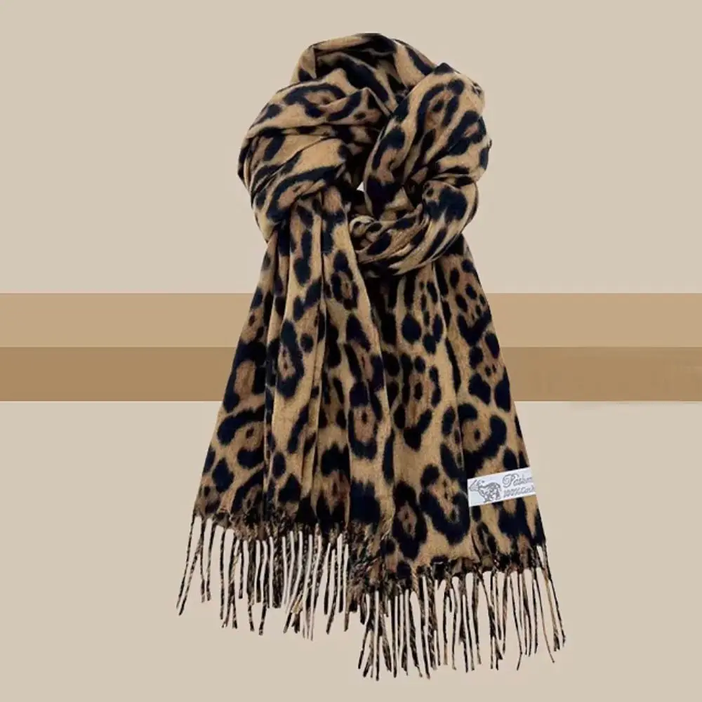 Vintage Leopard Tassels Shawl Imitation Cashmere Thickened Winter Warm Scarf Windproof Foulard Pashmina Hijabs for Women Man