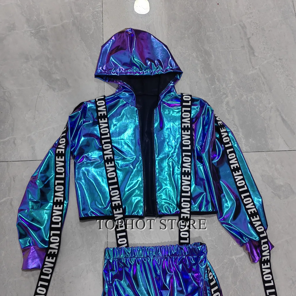 Pantaloni da giacca con cappuccio laser blu viola da uomo Set da ballo jazz hip-hop 2 pezzi discoteca bar cantante festa spettacolo rave outfit costume