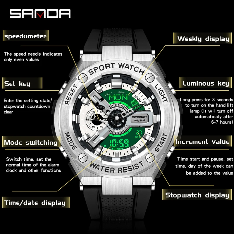 2023 New Handlift Light Korean Edition Multi functional Sports Sanda 3170 Waterproof and Shockproof Alarm Clock Men\'s Watch