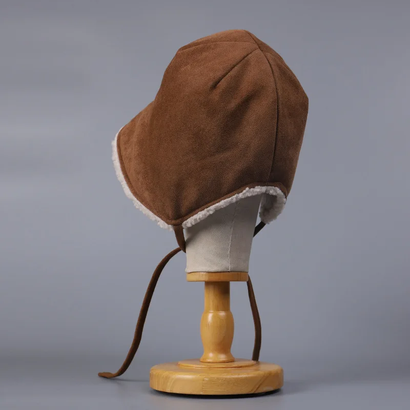 الكورية سميكة صوف الضأن منفذها قبعة مع الرجعية تقليد الجلد المدبوغ شريط مخملي الدفء حماية آذان قبعة بحافة دافئة