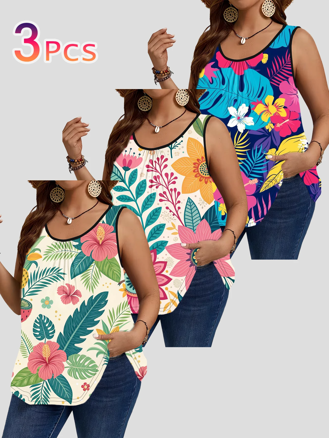 3-Piece Set of Plus-Size Sleeveless Vests with Tropical Hibiscus Flowers and Banana Leaf Color-Blocking Prints, Summer Vacation Style Loose-Fitting Tank Tops That Cover the Body