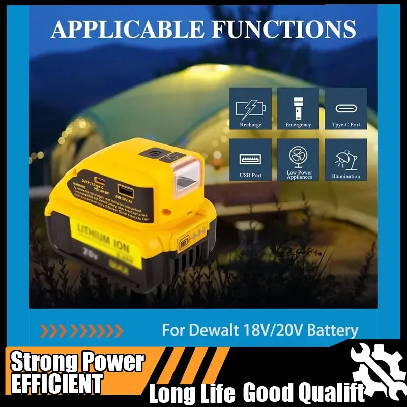

Portable Power Converter USB Adapter with 140lm LED Work Light Tools for Dewalt 18V 20V Li-ion Battery with USB Type-C DC 12V