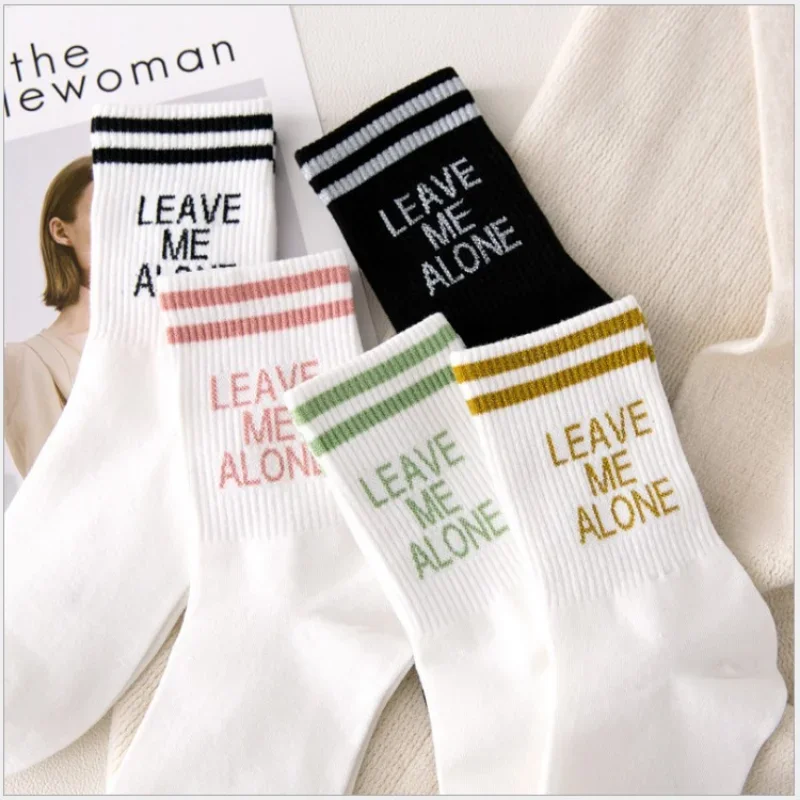 

Women Middle Tube Socks with Letters Leave Me Alone Simple Casual Socks Stripes Spring Summer Fashion Kawaii Socks