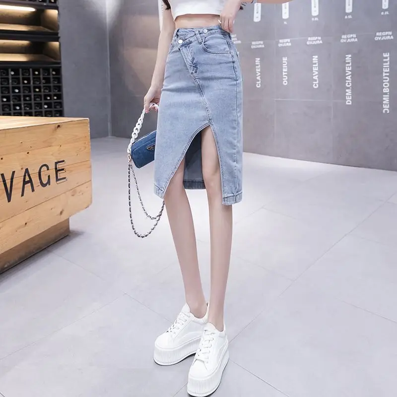 Female Jeans Skirts with Slit Women's Denim Skirt Midi Patchwork Clothing Trend 2024 Korean Fashion Summer Style Aesthetic Sales