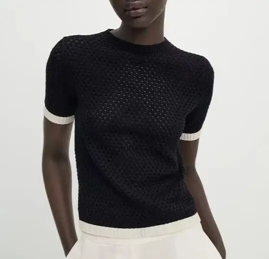 

New 2024 Early Autumn Pure Cotton Comfortable Knitted ort Sve Hollow out Top Women's Faion Commute Sle round Ne T-...