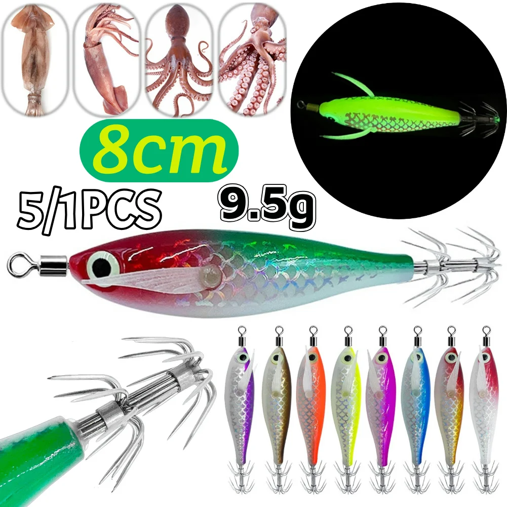 10cm 8g Luminous Fishing Lure Wood Shrimp Bait 5/1PCS Glowing Egging Lures Squid Hooks horizontal Cuttlefish Lures Octopus Bait