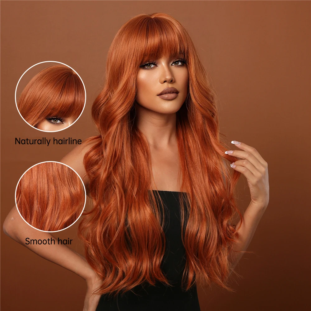 Copper Curly Wigs for Women Cosplay Synthetic Hair Wigs with Bangs Orange Long Wavy Fake Hair Heat Resistant for Daily Party Use