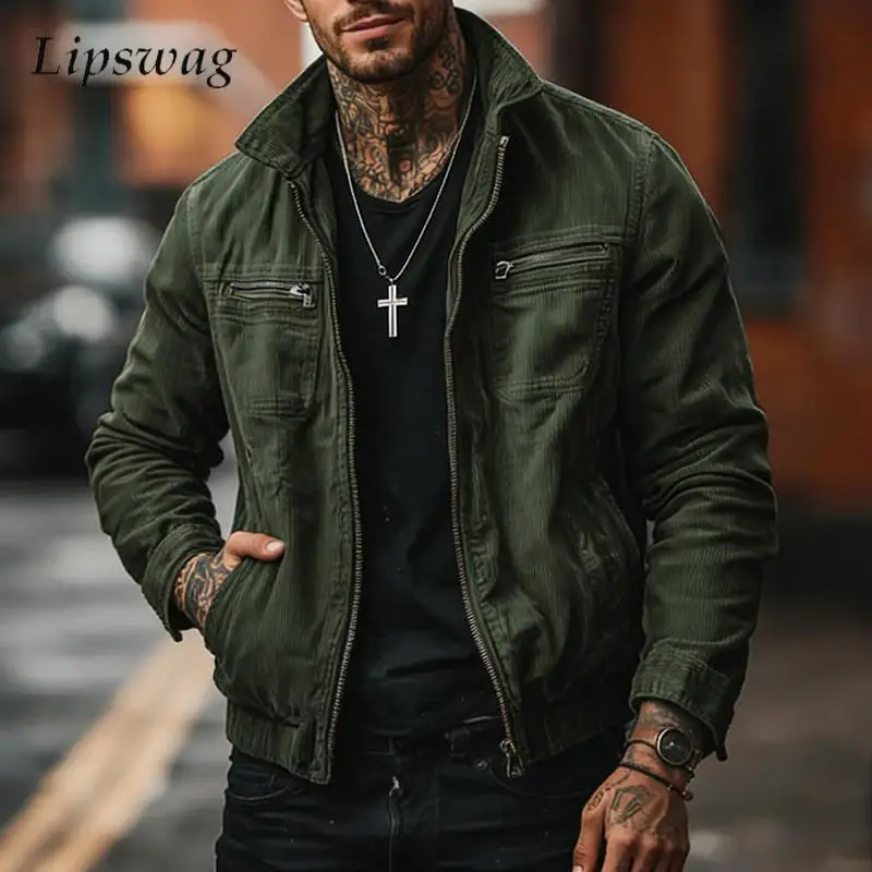 

Vintage Zipper Pocket Corduroy Jackets Mens Streetwear Fashion Solid Color Lapel Cargo Jacket Coat Men Fall Winter Trendy Coats