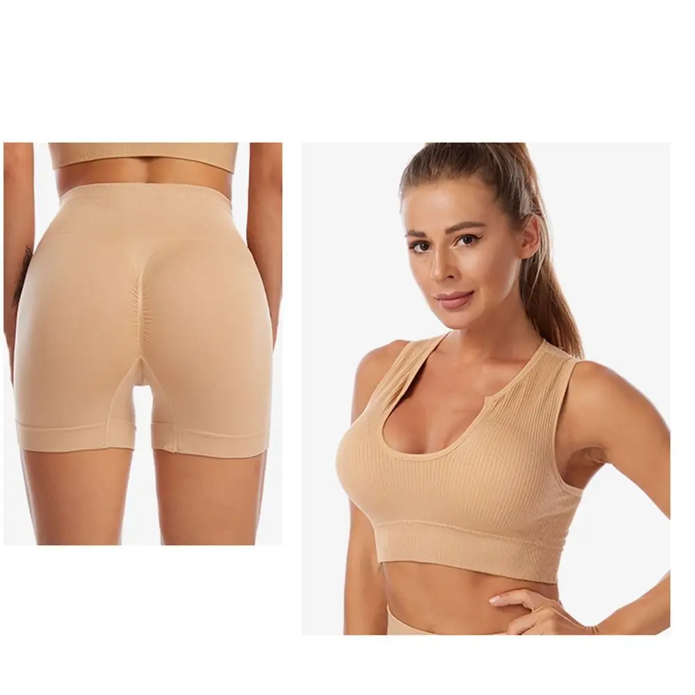 Sleeveless Nylon Women Yoga Suit Without Pad Rib-Knit Suspenders Shorts Suit Stretchable Breathable Running Shirts Fitness Wear