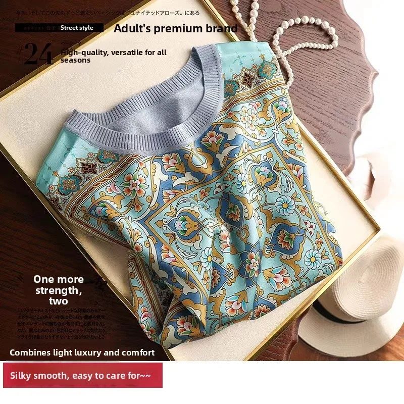 Silk Printed Splice Knitted T-irt ort Sve Women's Faion Outlet Store Bright Tead/Bead Commute Sle Polyester Nylon