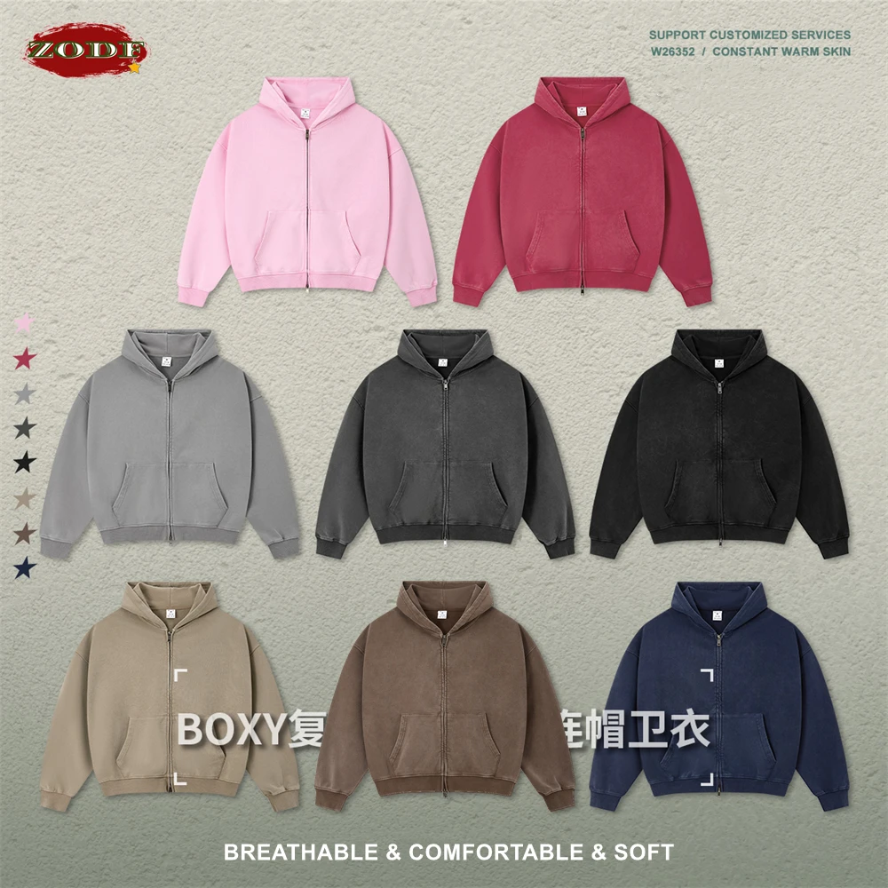 ZODF Vintage Autumn Boxyfit 370gsm Zipper Hoodie Unisex Distressed High Street 370gsm 100% Cotton Hooded Jackets HY1320