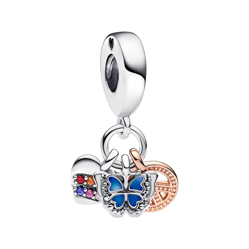 Triple Pendants Charms For Women Jewelry Silver 925 Crystals Love Rainbow Hearts Freedom Blue Enamel Butterfly Rose Gold Peace