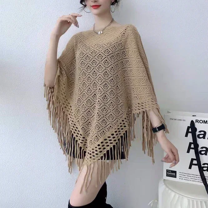 Spring Autumn New Pullover Cape Women Hollow flower Knitting Poncho Capes Batwing Sleeves Shawls Sunscreen Solid Cloak Black