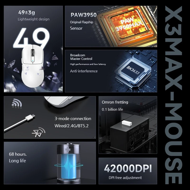 Attack Shark X3max Wireless Mouse Paw3950 Sensor Aperture Free Lightweight Game Esport Bluetooth Three Mode Pc Connection Mouses