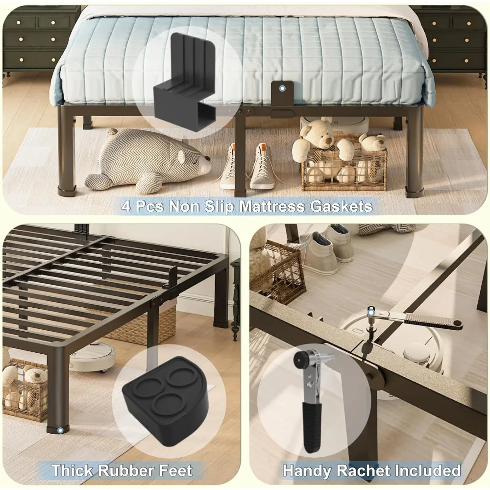 هيكل سرير معدني عالي التحمل مقاس 14 بوصة بالحجم الكامل مع أرجل زاوية مستديرة، وسدادة منزلق للمرتبة، وسعة 3500 رطل، وشريحة فولاذية #5