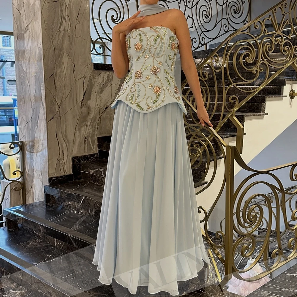 

Women's A-line Evening Dresses Floor-length Strapless Sleeveless Prom Gown Fashion Crystal Flowers Simple Stole Customized Gowns