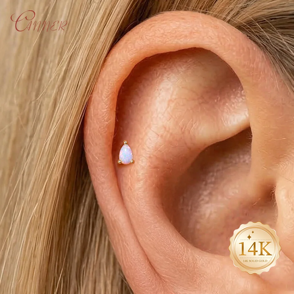 

CANNER 14K Solid Gold Classic Water Droplet OPAL Diamond Piercing Earrings For Women And Girl Summer Beach Party Jewelry Trendy