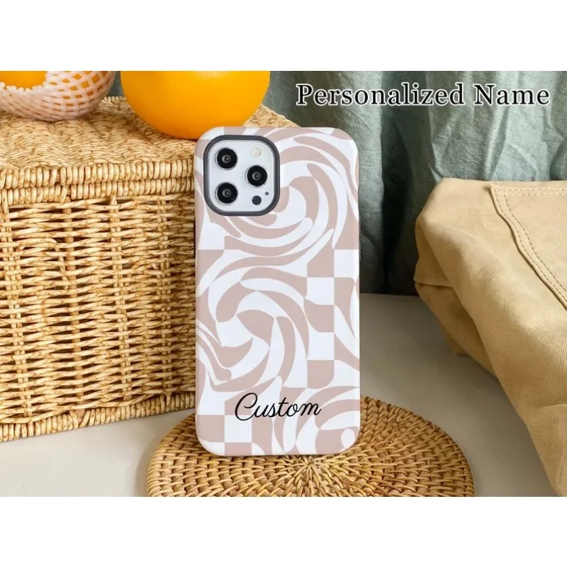 Khaki Checkerboard Swirl Phone Case For IPHONE 16 15PRO MAX 14 13 12 11 Acrylic TPU Two in one magnetic Phone Cases