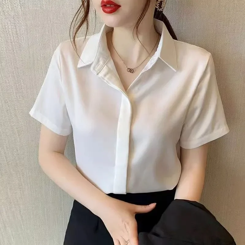

Женская атласная блузка с длинным рукавом, отложным воротником и пуговицами, элегантная офисная рубашка для работы, деловая, летняя, формальная.