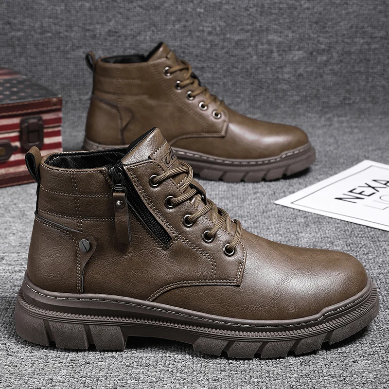 Men Retro Work Shoes Autumn Winter Thick Bottom High Top Non Slip Casual Boots Leather Boots Chelsea Desert Waterproof Boots