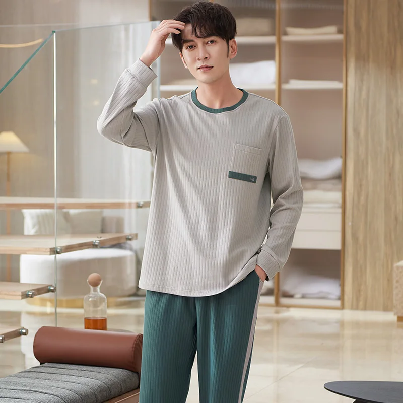 Men O-Neck Splice Pajamas Set Cotton Male Long-sleeved Autumn Winter Pyjama Loose Men Home Set Solid Sleepwear Tops + Pants 2PCS