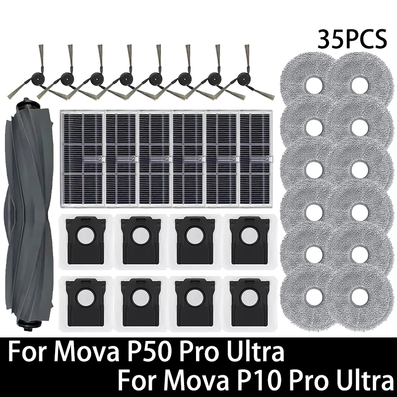 Reserveonderdelen voor Mova P50 Pro Ultra / Mova P10 Pro Ultra robotstofzuiger: hoofdborstel, zijborstel, HEPA-filter, dweil, stofzak, accessoires