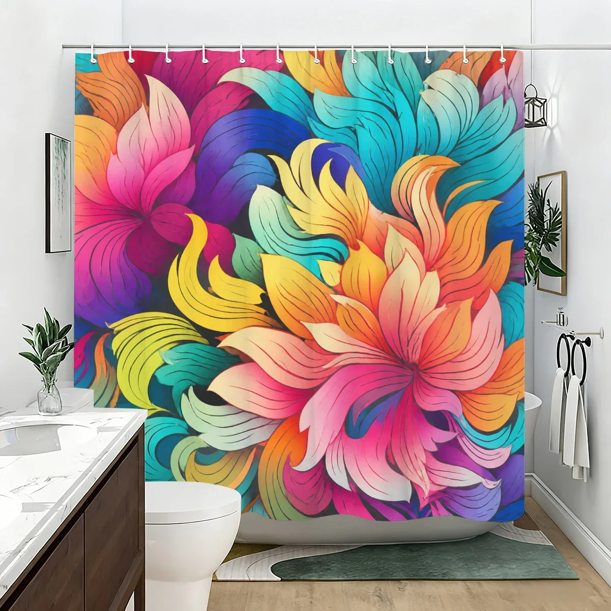Vibrant Printed Polyester Bathtub Curtain - Stylish Bathroom Decor, Trendy Floral & Geometric Design Shower Curtain