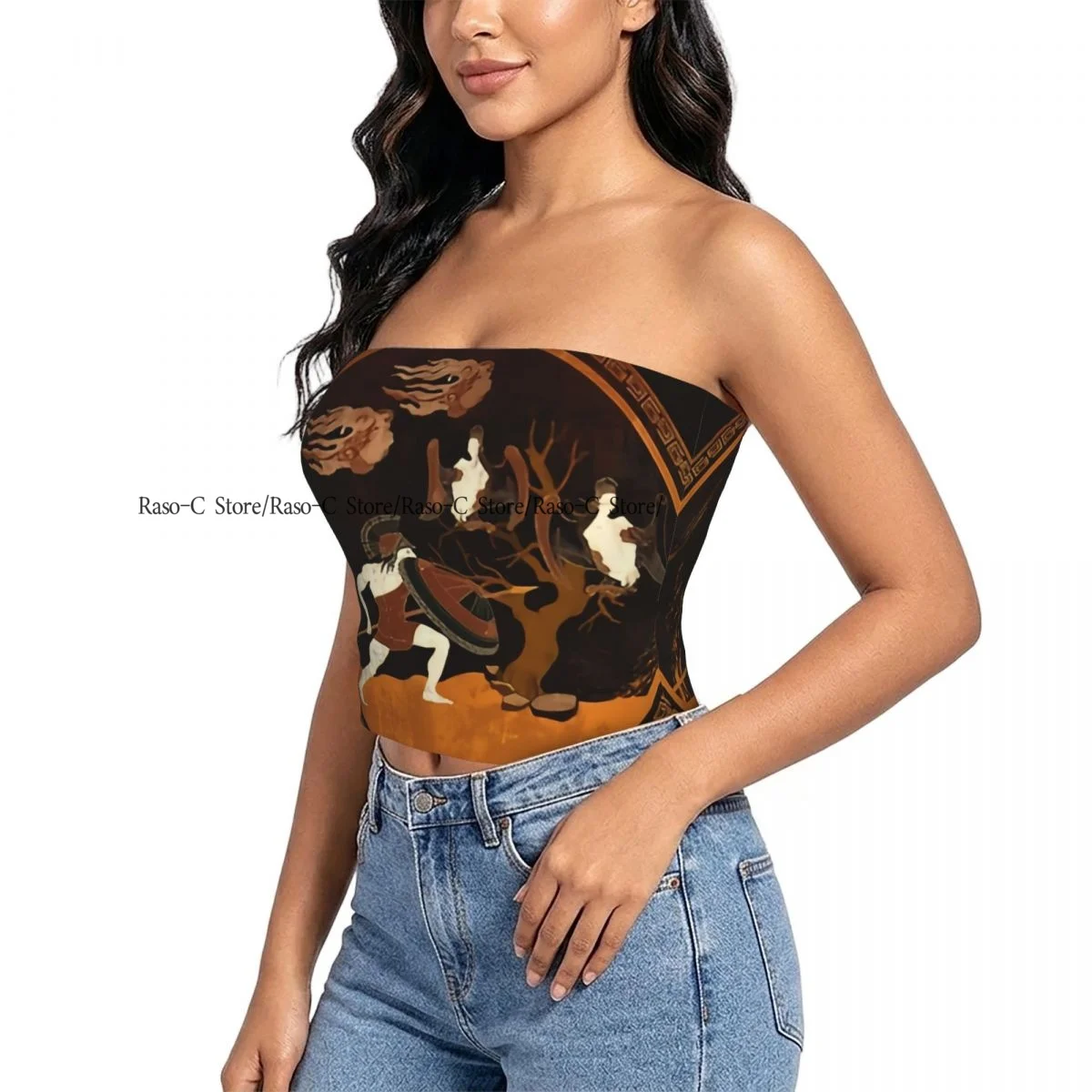 Women Block Crop Slim Tube Top Ancient Greece Battle Scene Strapless Top For Summer Female Clothing