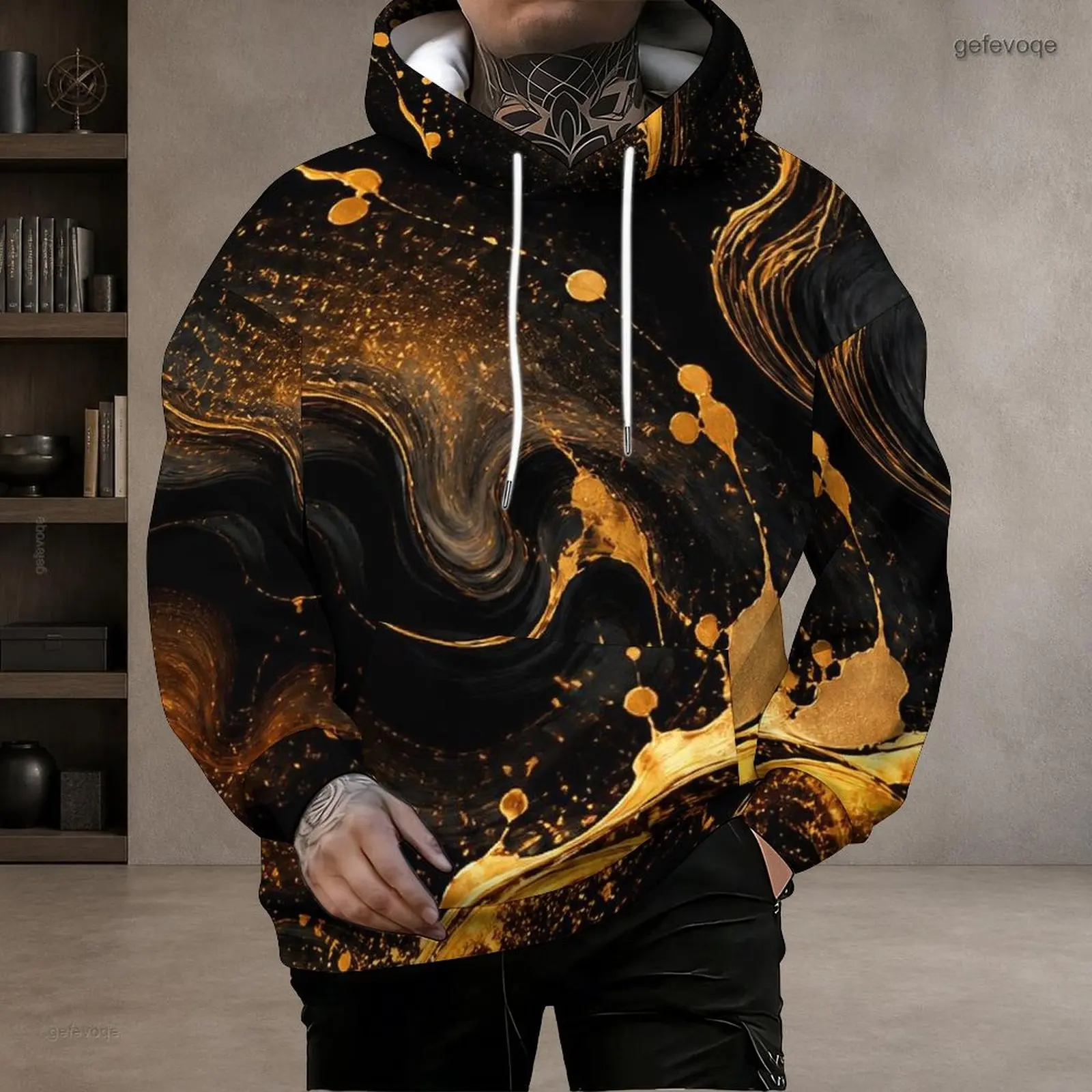 Men Abstract Swirling Smoke Nebula Print Long Sleeve Pullover Hoodie with Drawstring Hood and Kangaroo Pocket